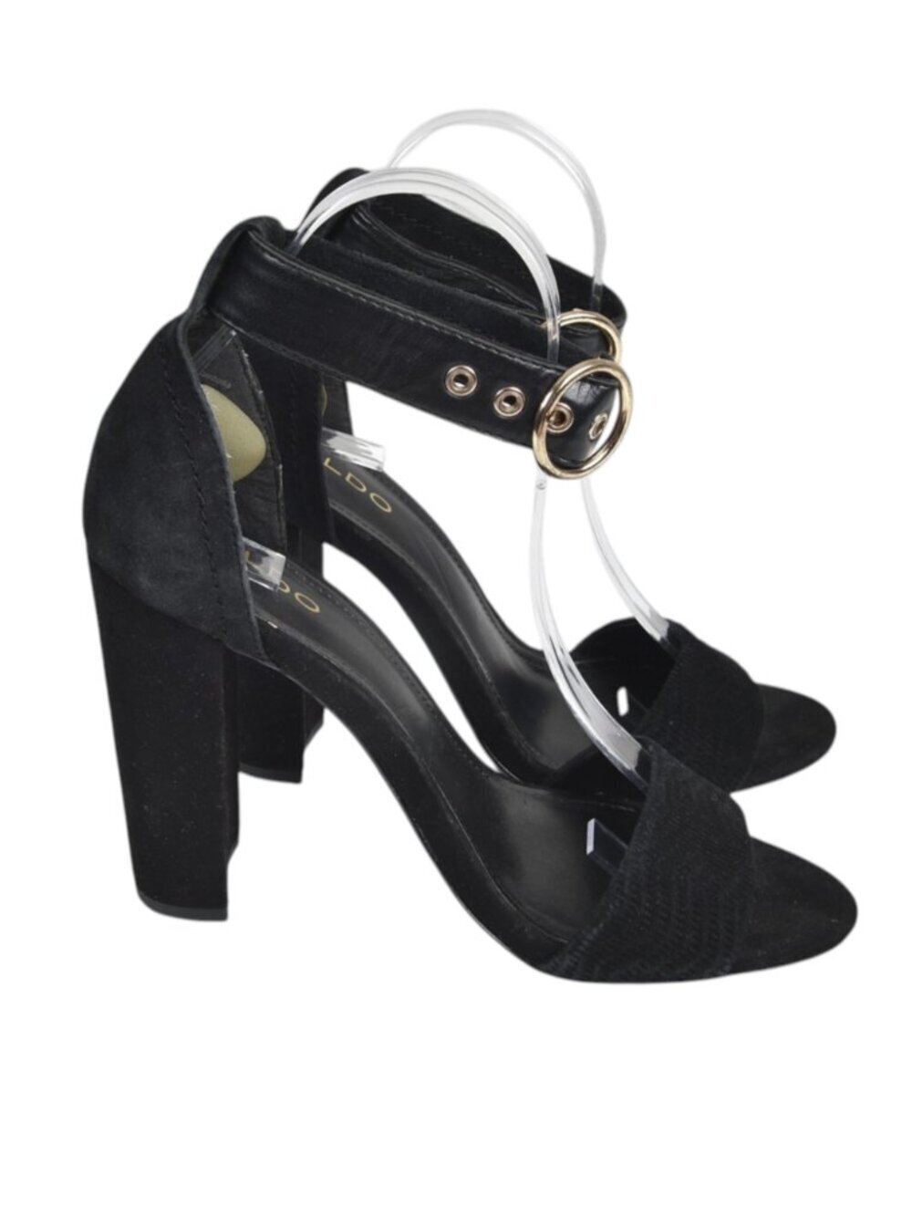 Aldo  Suede Ankle Strap Block Heel Black Strappy Sandal Open Toe Size 7.5